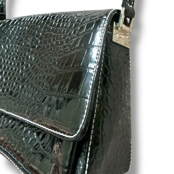 Y2K Liz Claiborne Black Crocodile Embossed Faux Leather Purse Shoulder Bag - Picture 2 of 16